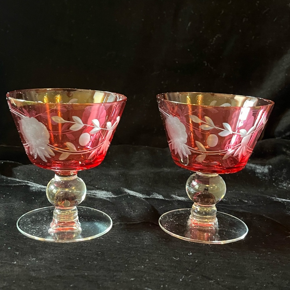 Glastonbury Lotus‎ Cranberry champagne glasses.  Vintage 1920’s era,flashed cut